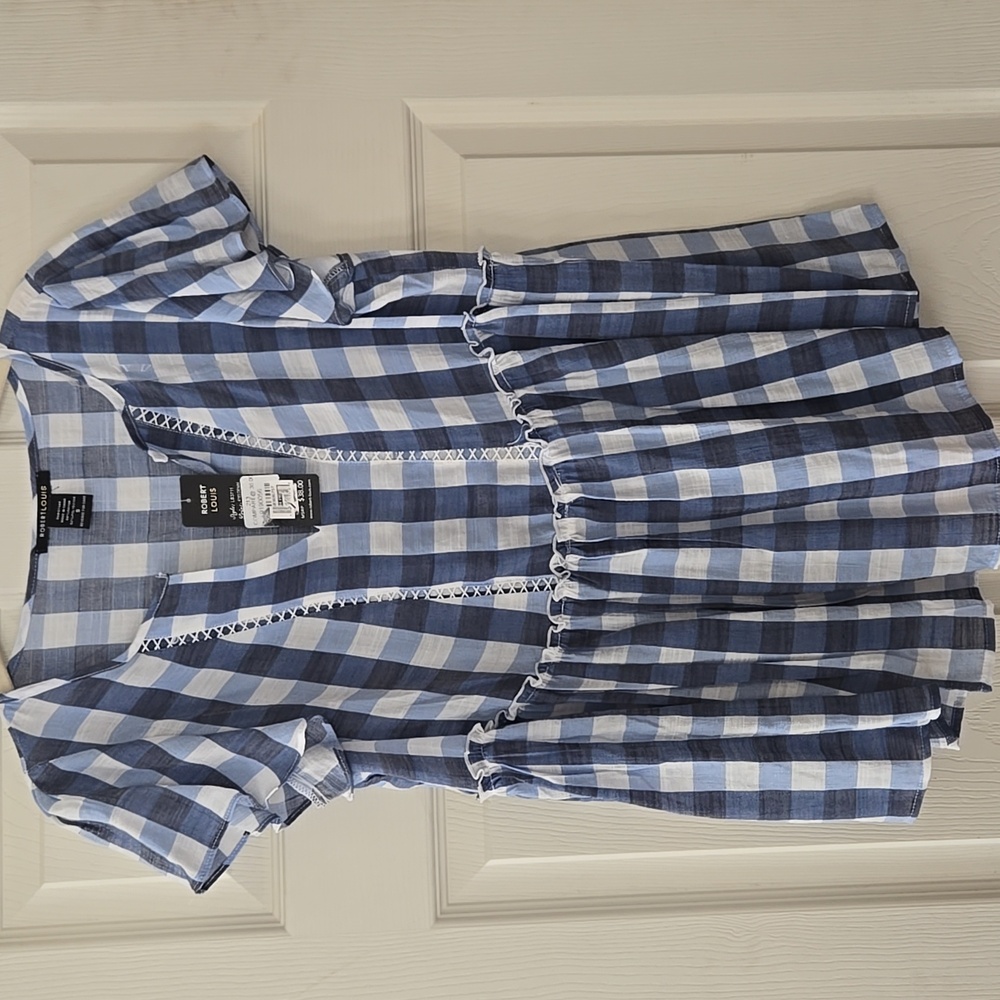 NWT Robert Louis Blue Gingham Peplum Short Sleeve Blouse